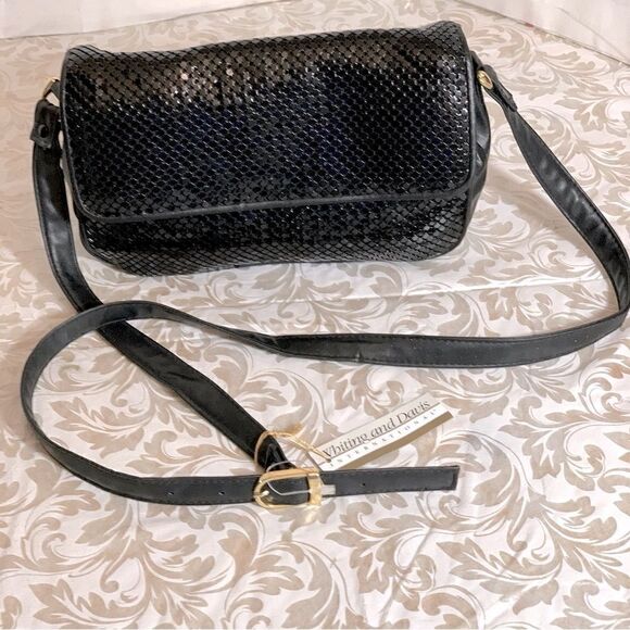 Whiting & Davis Crossbody Handbag Black Leather & Mesh Thick Adj Strap NWT - Picture 1 of 8